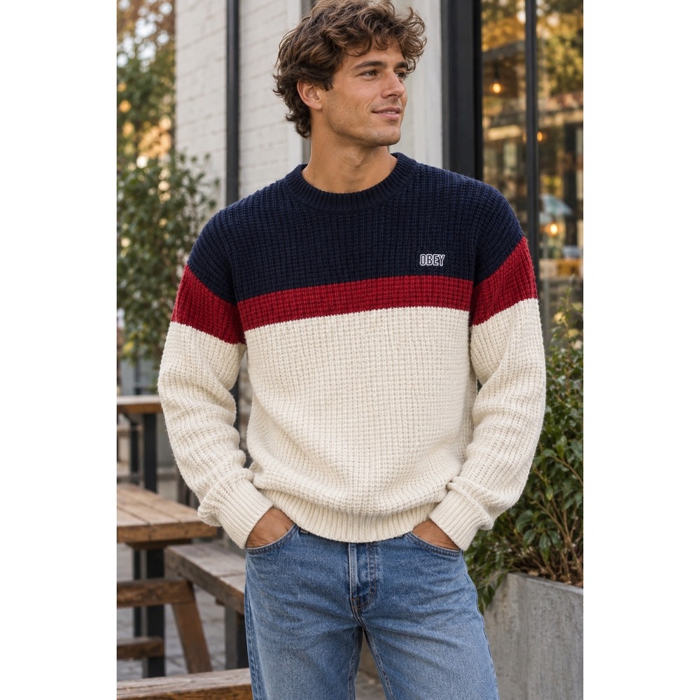 Obey‎ Worldwide Knit Sweater Navy Red Cream Colorblock Ribbed Logo Mens Large